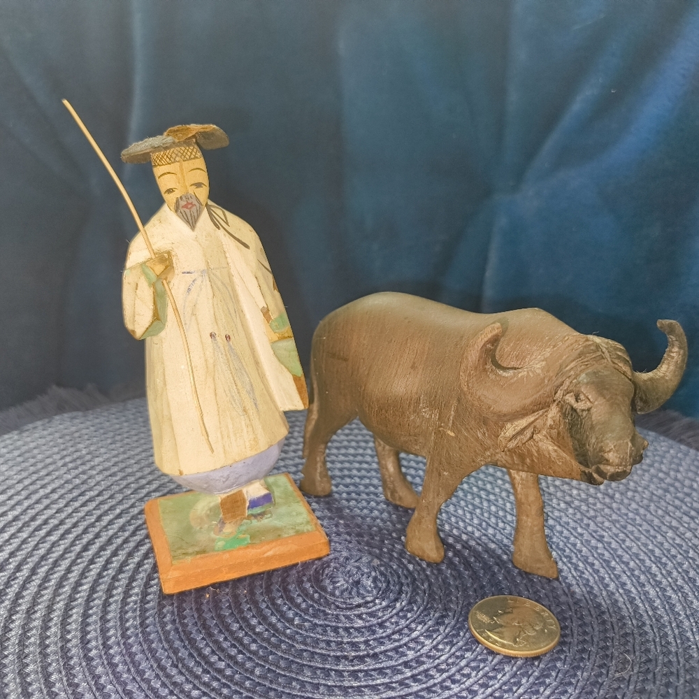 1948 Handcrafted Wooden Figurine Set - Farmer and Water Buffalo made South Korea